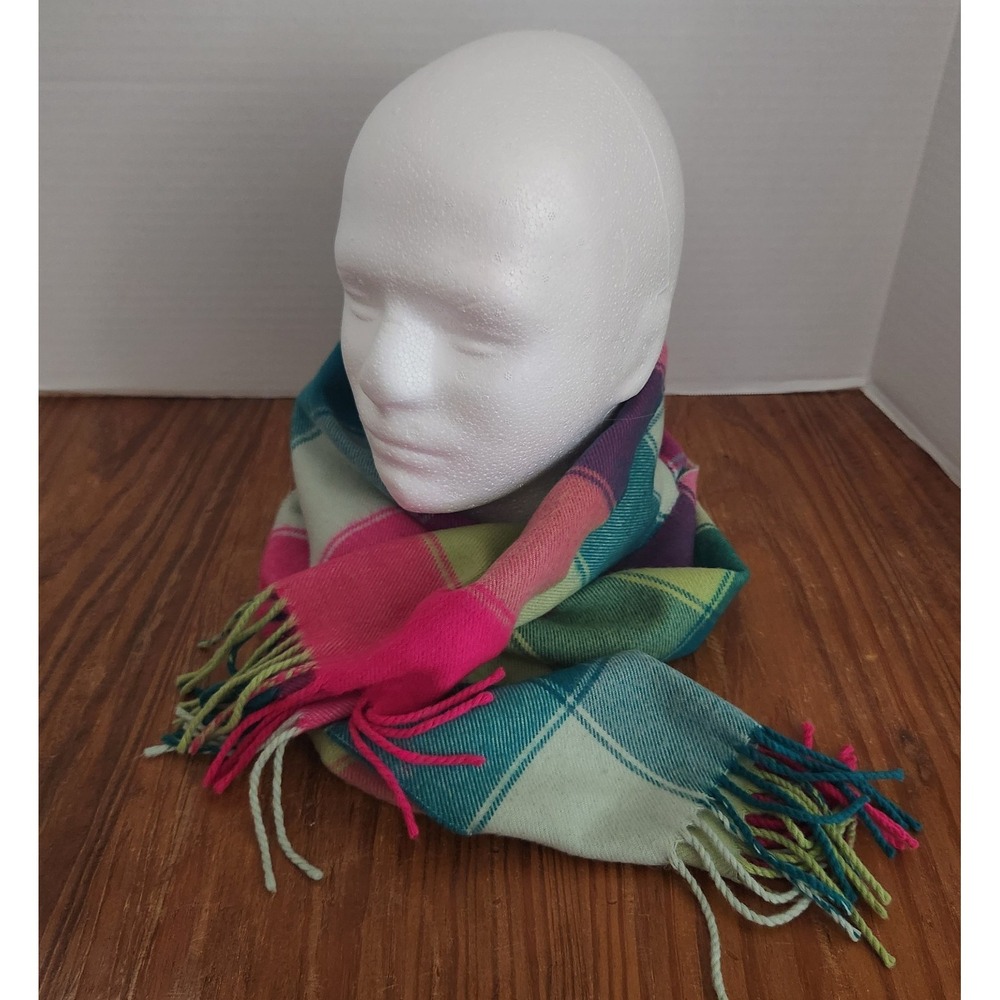 Scotland 100% Cashmere Plaid Scarf Fringe Pink Green 64"x12" Quiet Luxury Office